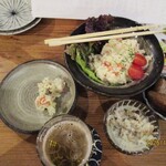 炊き餃子と九州の炉端酒場 晴レトキ - お通しとポテサラ