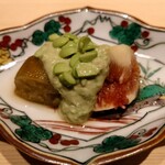 温石 - 前菜　焼き茄子と無花果のずんだ和え