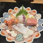 はれや別邸 - お造り 車海老、ヒラメえんがわも、中トロ、シマアジ