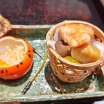 笛吹川温泉　坐忘 - 八寸（柿なます、海老、栗、銀杏、むかごなど）