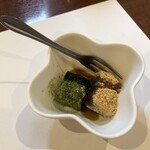 喜福 - 潮さいコース（前菜、小鉢、焼魚、エビフライ、茶碗蒸し、にぎり五種盛り、赤だし、漬物、デザート）：３７４０円のにぎり五種盛りのデザート