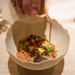 unis - たらの白子、和栗、能登手毬春菊、大根、ブーケサラダ