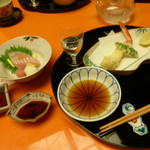 名古屋 浅田 - １１月　お造り：ブリ、鯛、ズワイ蟹天ぷら