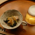 懐石料理 桝田 - 先付。ビールグラスが富士山でかわいい