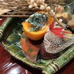 日本料理うしお - 八寸 ・柿釜にて白和え　・鯖寿司　・鮟肝ポン酢 ・鱧南蛮漬け　・菊花　・栗渋皮煮　・稲穂