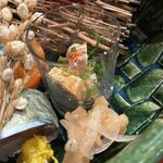 日本料理うしお - 八寸 ・柿釜にて白和え　・鯖寿司　・鮟肝ポン酢 ・鱧南蛮漬け　・菊花　・栗渋皮煮　・稲穂