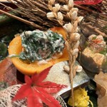 日本料理うしお - 八寸 ・柿釜にて白和え　・鯖寿司　・鮟肝ポン酢 ・鱧南蛮漬け　・菊花　・栗渋皮煮　・稲穂