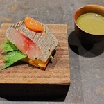 Aspirant - .....③フォアグラ　どんちっちあじ 　いぶりがっこ　イタリアンパセリ　トマト.....②天下一　ルッコラ　オリーブ 　トマトコンソメ　ホワイトバルサミコ 　みょうが　グレープフルーツ.....