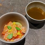 Aspirant - .....⑤琵琶鱒　胡桃　発酵豆　もろきゅうり.....③バジル　ココナッツウォーター 　赤酢　すりごま　セロリ　中国醬油.....　