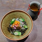 Aspirant - .....⑪バフンウニ　蓴菜　酢橘　穂紫蘇 　米粉の麺　椎茸の出汁.....⑧大葉ウォーター　小松菜　阿波番茶　塩麹.....