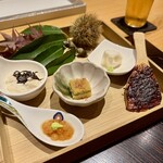 玄水 - 八寸（半熟いくら、湯葉豆腐、子持ち昆布、焼き味噌、板わさ）