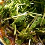 神名備 - 立体的な盛りに強いこだわりのあるス新鮮なエグ味はない豆苗。
      スープの赤と豆苗の緑のコントラストが食欲を促進させる。