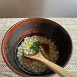 石臼挽き蕎麦香房 山の実 - （１）黒鮑筍と小松菜と松の実のおかゆ