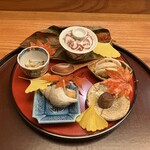 日本料理 太月 - 八寸白バイ貝・焼き栗・蓮根杏子挟み・すっ
                                ぽんの茶碗蒸し・焼き百合根梅肉和え