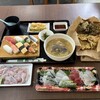 パヤオ直売店 - 魚汁すし定食、刺身盛り合わせ(マクブ、タマン、キハダマグロ、ミーバイ)、刺身(チヌマン)、天ぷら(もずく、海鮮かき揚げ)