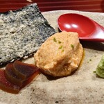 鮨 在 - あん肝　すいかの奈良漬け　海苔の天ぷら
