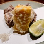 鮨 在 - タコととうもろこしの唐揚げ　すだちと塩