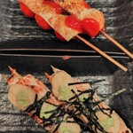 はりや総本店 - プチトマトのチーズ焼·手ごねつくねとろろのせ