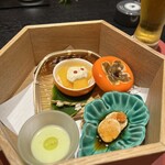 山荘 風の杜 - 柿の白和やあん肝、枝豆擦り流し