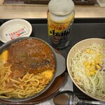 松屋 - てっぱんナポリタンハンバーグ＆サラダ＆生ジョッキ缶