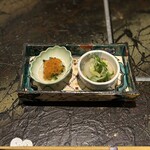 銀座 塒 - 小鉢①春菊と水菜と菊〜おろしいくら〜