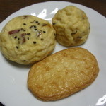 東京 芝 とうふ屋うかい - （時計逆回りに）季節のがんも　さつまいも、さつま揚げ、京がんも　海老