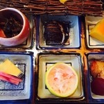 懐石 昇一楼 - 舞茸の佃煮　しいたけしんじょ　厚焼きたまご　かぶ酢漬け　？　柚子釜かに入りなます　つばすの照り焼き