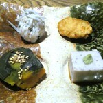 ごはんや 要兵衛 - ①あんこう唐揚げ②シラス手毬寿司③小豆豆腐④南瓜ピリ辛煮