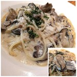 RISTORANTE Orobianco - パスタランチ(牡蠣ときのこクリーム※フォカッチャとサラダ付き) 2,310円✨️私の注文。きのこたっぷり！舞茸とマッシュルームに小さめ牡蠣が5粒ほど。ホワイトソースに旨味が染みています♪