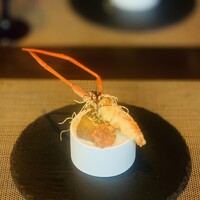 西欧料理 サヴァカ - ① 菊川産川海老（手長）のフリット、菊川産スッポンのクロメスキ（=コロッケ）、白茄子のピュレ