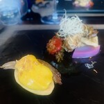 西欧料理 サヴァカ - ⑧ バケット+月輪熊のリエット+雉鳩のササミのタルティーヌ、もものすけ（=赤蕪）+ムニエル2種（鹿xx+猪xx（部位は忘れました...））+茄子