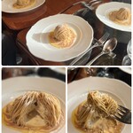 八王子うかい亭 - 焼いたメレンゲに、バニラアイス、
      生クリームに刻んだ栗も乗せられ…
      絹糸のような…和栗ペーストをたっぷり絞ったモンブランは…なんて柔らかな口どけ…
      上質な栗の香りがお口いっぱいに広がります♡