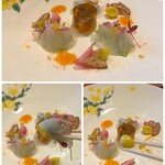 八王子うかい亭 - 千切りの九条ネギを包みながら
      少しピリッとした赤柚子ソースでいただくと…
      鯛の旨みが引き立ちますね♪( ´▽｀)
      添えられた銀杏、レンコンのグリル、ルビーオニオンのピクルスも美味しいです(*´ω｀*)