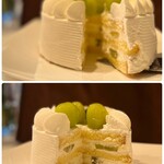 八王子うかい亭 - ふんわり口どけの良いスポンジ生地に、
      なめらかな北海道生乳100％の生クリーム…
      ジューシーなシャインマスカット本来の甘さが主役と言わんばかりのショートケーキ…
      上品な甘さで美味しいですね♪