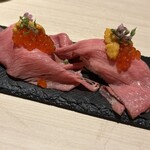 月と灯り - 雲丹いくら乗せ肉寿司〜