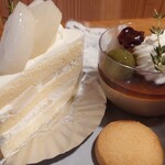 お菓子とくつろぎとこむぎさん - 新甘泉梨ショートケーキ、ほうじ茶プリン　カフェラテアイス②