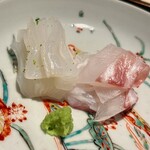 礒田 - 紋甲イカと真鯛です。薬味は塩と酢橘と本山葵。好みで使います