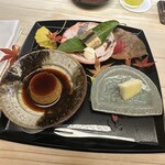 赤坂おぎ乃 - デザート　栗きんとん　和三盆マスカルポーネ　洋梨　ほうじ茶プリン