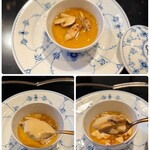 八王子うかい亭 - 香りだけで美味しいですが…
      コリコリとしっかりした肉質の松茸…秋ですね〜♡(*´ω｀*)
      なめらかで卵のコクを感じるフランは
      優しいコンソメ出汁に、ほんのりと遠くから柑橘を感じます。