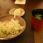 日本料理 晴山 - お食事 越前蟹と芹のご飯 味噌椀 香の物