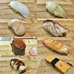 まさごや - にぎり(いか、昆布〆平目、ほたて、かます、いくら、しらさえび、あなご、玉子)