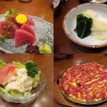 Kagaya - 本マグロ赤身刺身￥690/サービスのお新香/ポテトサラダ￥390/ジャガピザ￥690