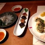 京都豆八 - てっさ、生麩田楽、白身魚の梅肉天婦羅