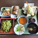 鮎宗 - お吸い物に感激。海老天ぷらの火入れが匠（水分残ってプリプリ）細めの茶そばはキンキンに冷えてとても美味しい。