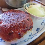 きっ茶 花々 - なべ焼きうどんに付く味噌おにぎりと、はやとうりの浅漬け