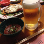鬼の厨 しんすけ - 突き出しは粉末醤油で戴きました。生ビールはプレミアム