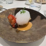 レミニセンス - ◎オマール
      フランスブルターニュ 
      ブルーオマールの殻付きソテー
      濃厚アメリケーヌソース
      カルダモンとスパイス
      ココナッツミルクバブルソース掛け
      金時人参ピューレブルーオマール衣揚げと共に