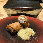 浩也 東京前 - 白子（北海道）の春巻き　黒トリュフ　葱ソース