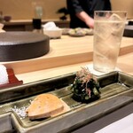 鮨 起承転結 - あん肝旨煮と春菊のお浸し　カルダモンサワー