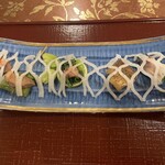 わたり温泉 鳥の海 - 網大根甘酢漬け、酢橘釜小松菜酒盗掛け、甘鯛松笠焼き、牛タン柔らか煮、〆鯖岡ひじき巻き、蛮豆蜜煮、合鴨ロースとアスパラ松葉串